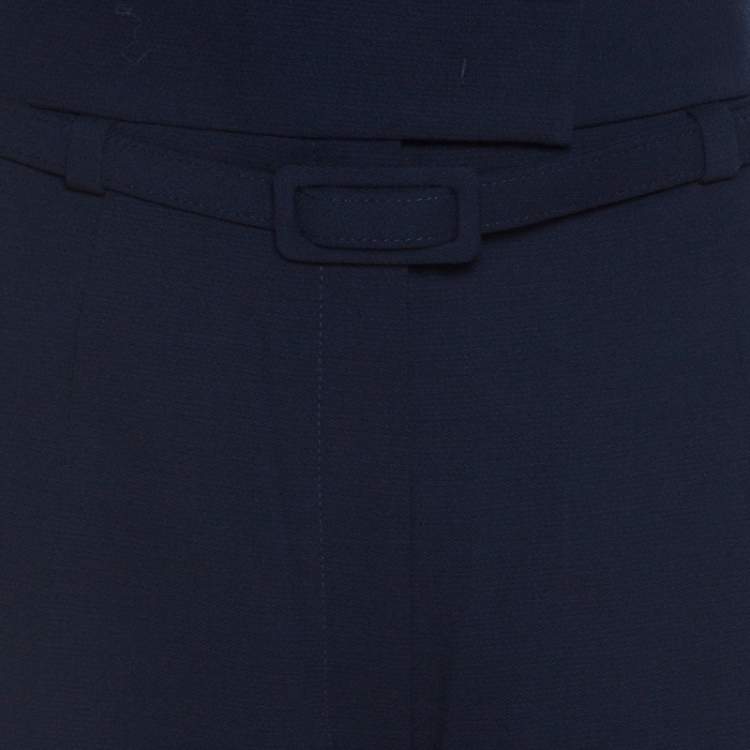 Pre Owned Escada Navy Blue Stretch Wool Crepe Belted High Waist Wide Leg Pants L