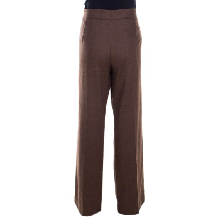 Pre Owned Escada Camel Brown Stretch Wool Wide Leg Hose Tailored Trousers L