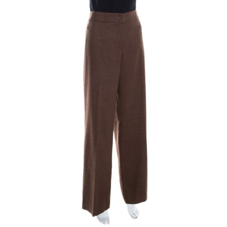 Pre Owned Escada Camel Brown Stretch Wool Wide Leg Hose Tailored Trousers L