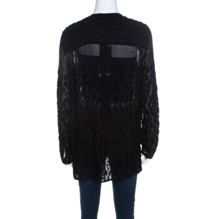 Pre Owned Escada Black Velvet Dobby Sheer Crepe Button Front Blouse M
