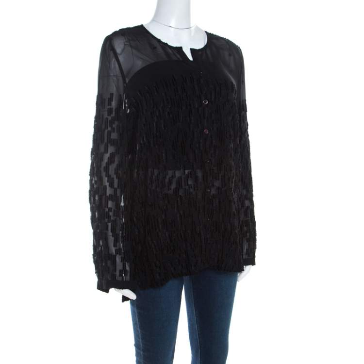 Pre Owned Escada Black Velvet Dobby Sheer Crepe Button Front Blouse M