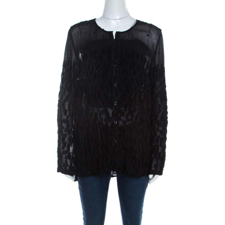 Pre Owned Escada Black Velvet Dobby Sheer Crepe Button Front Blouse M