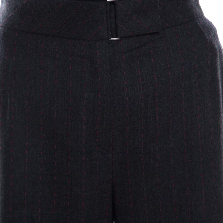 Pre Owned Escada Grey Contrast Broken Striped Stretch Wool High Waist Trousers M