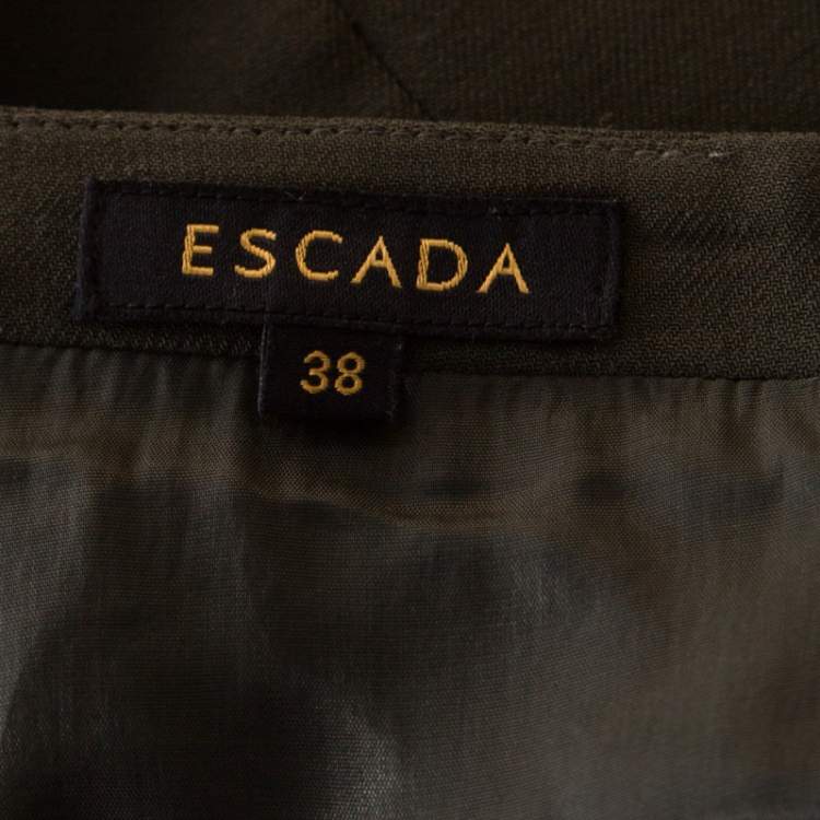 Pre Owned Escada Olive Green Wool Rami Pencil Skirt L