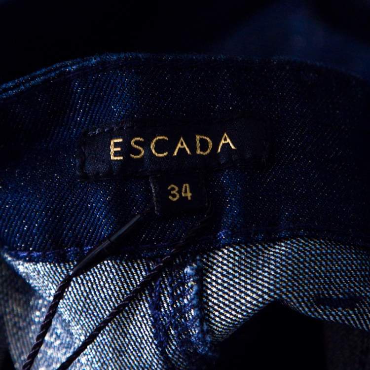 Pre Owned Escada Navy Blue Glitter Denim Metallic Piping Detail Straight Leg Jeans S