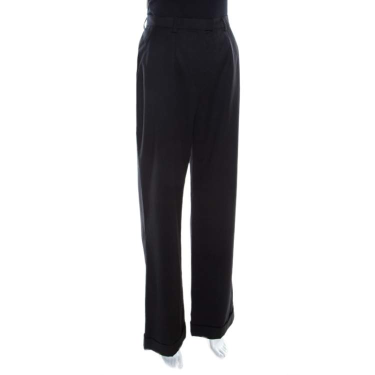 Pre Owned Escada Black Wool Gabardine High Waist Wide Leg Trousers M