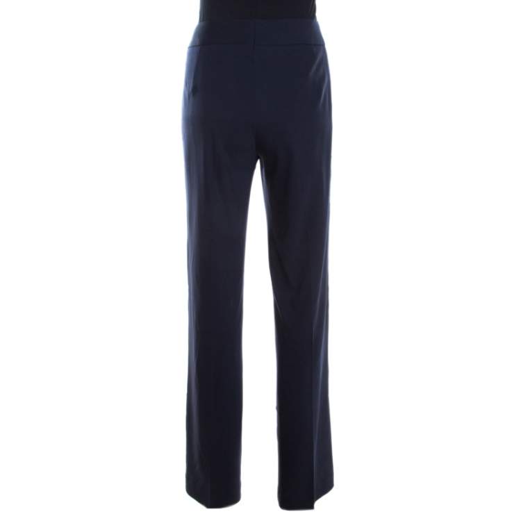 Pre Owned Escada Navy Blue Stretch Wool Crepe High Waist Tanja Trousers M 