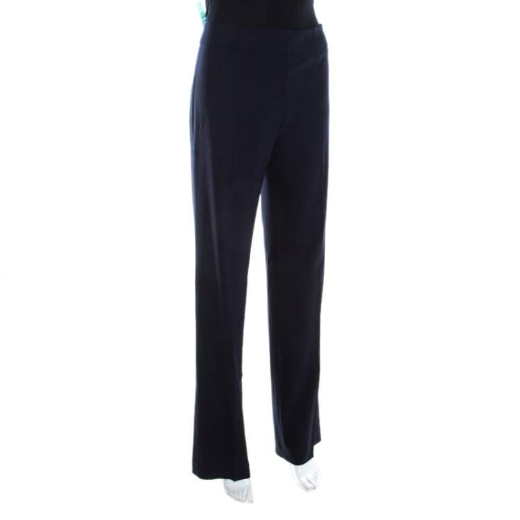Pre Owned Escada Navy Blue Stretch Wool Crepe High Waist Tanja Trousers M 