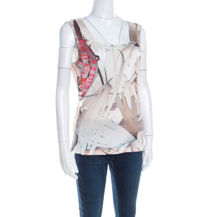 Pre Owned Escada Feather Brown Abstract Print Knit Sleeveless Socorro Blouse M