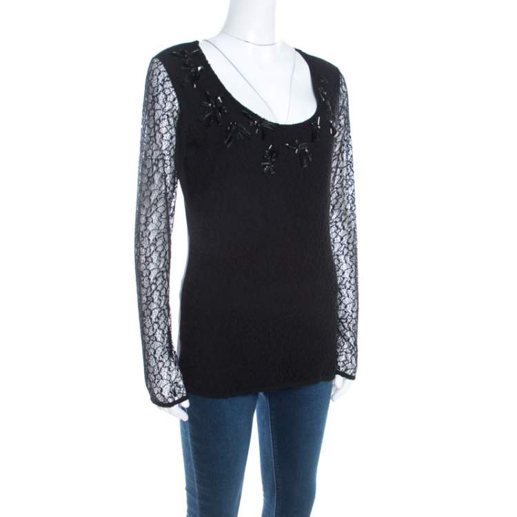 Pre Owned Escada Black Lace Overlay Jersey Crystal Embellished Scoop Neck Erbrou Top XL