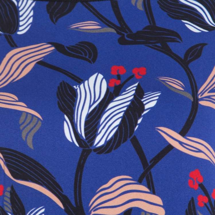 Pre Owned Escada Ink Blue Floral Print Silk Blend Naternia Tunic Top M