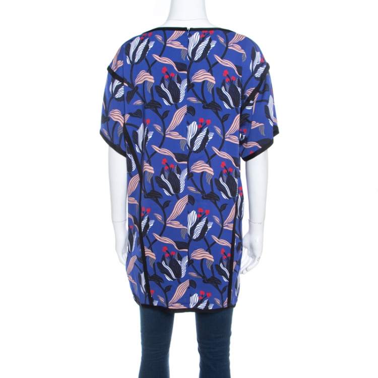 Pre Owned Escada Ink Blue Floral Print Silk Blend Naternia Tunic Top M