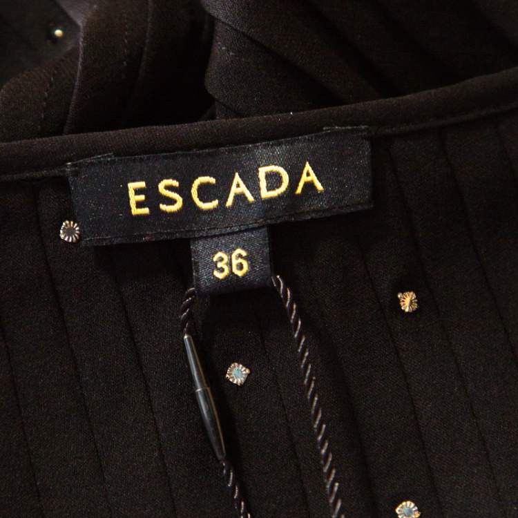 Pre Owned Escada Black Pintucked Pleat Silk Crystal Embellished Long Sleeve Blouse M