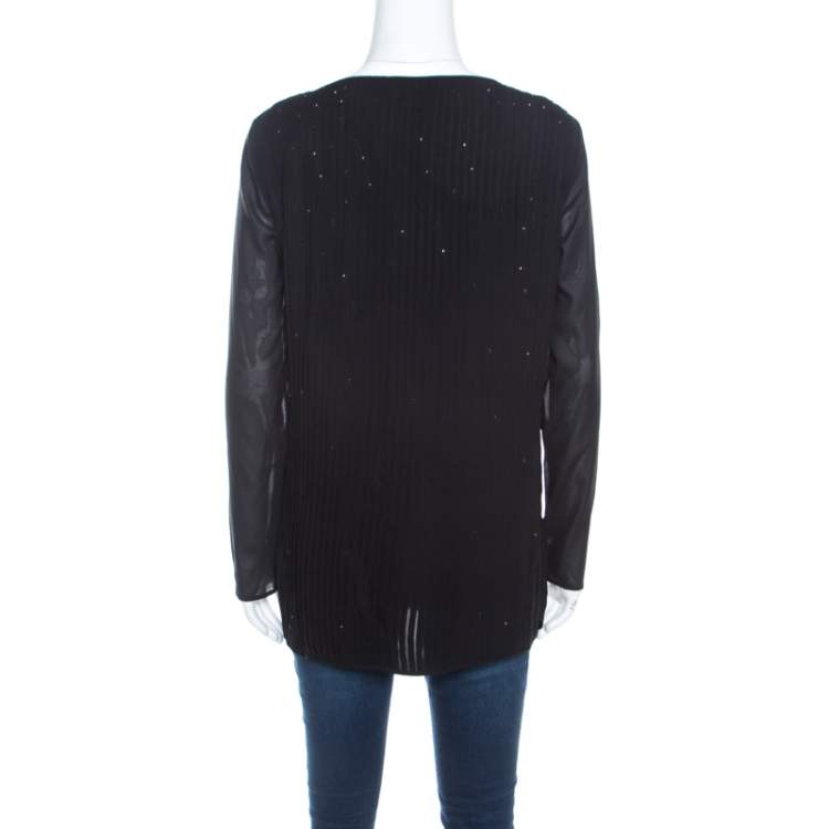 Pre Owned Escada Black Pintucked Pleat Silk Crystal Embellished Long Sleeve Blouse M