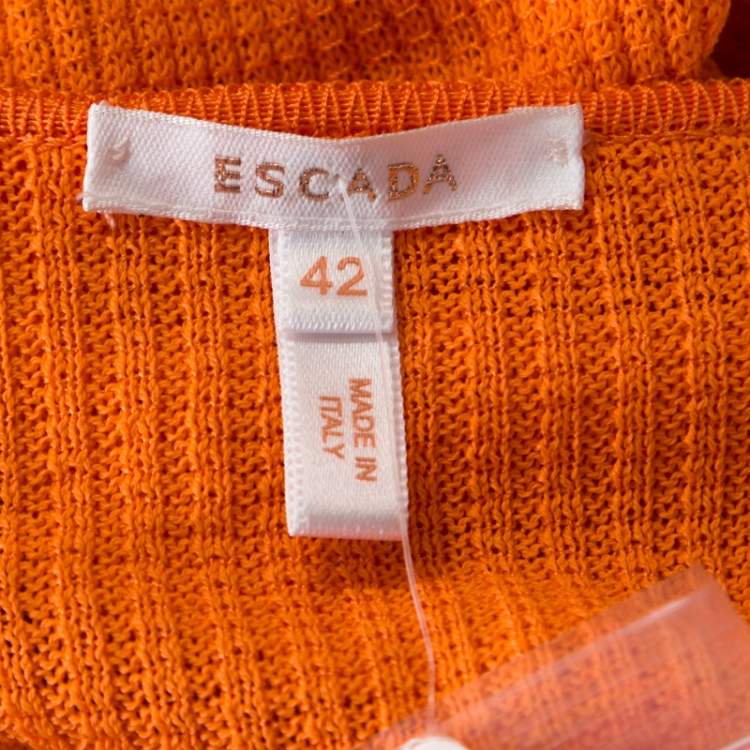 Pre Owned Escada Orange Rib Knit Crochet Trim Button Front Cardigan L