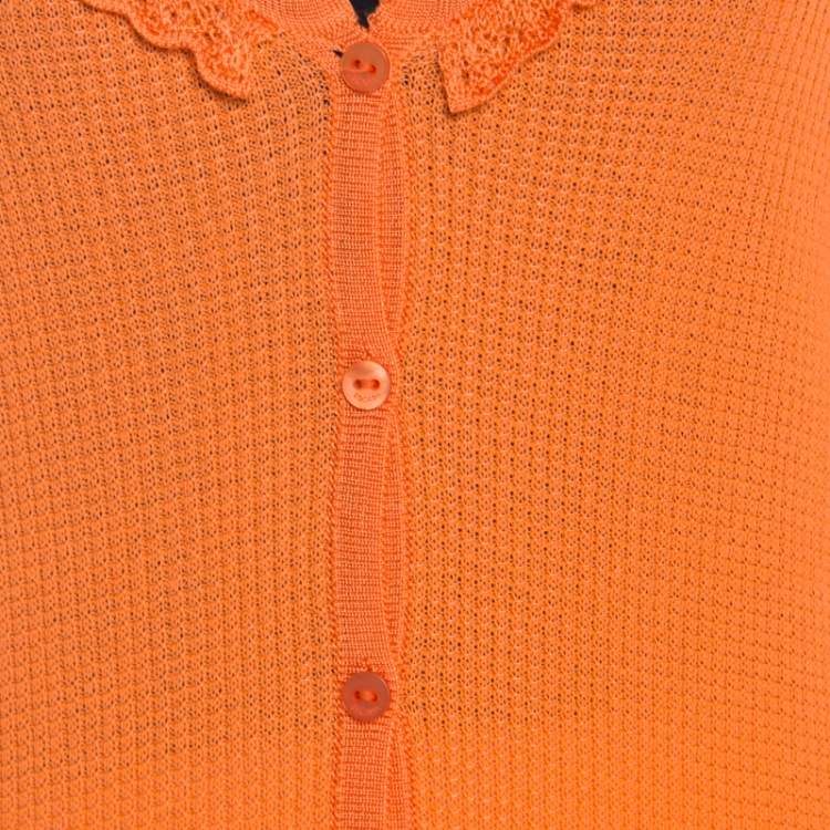 Pre Owned Escada Orange Rib Knit Crochet Trim Button Front Cardigan L