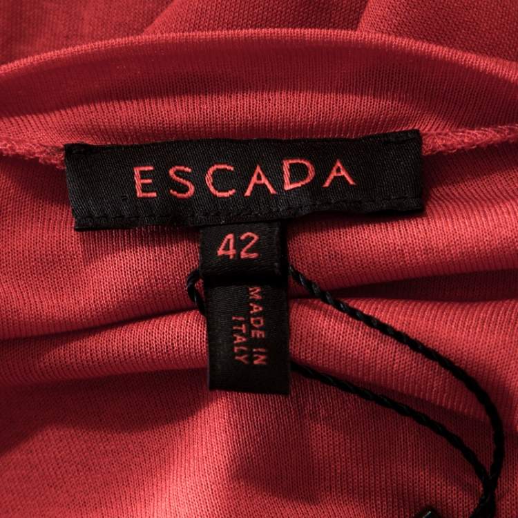 Pre Owned Escada Red Knit Ruched Crossover Front Long Sleeve Top L