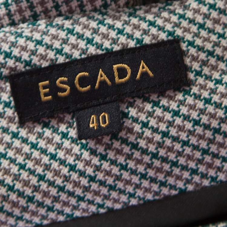 Pre Owned Escada Green and White Mini Houndstooth Pattern Wool Rowena Pencil Skirt L