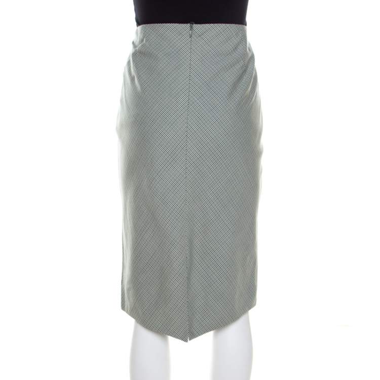 Pre Owned Escada Green and White Mini Houndstooth Pattern Wool Rowena Pencil Skirt L