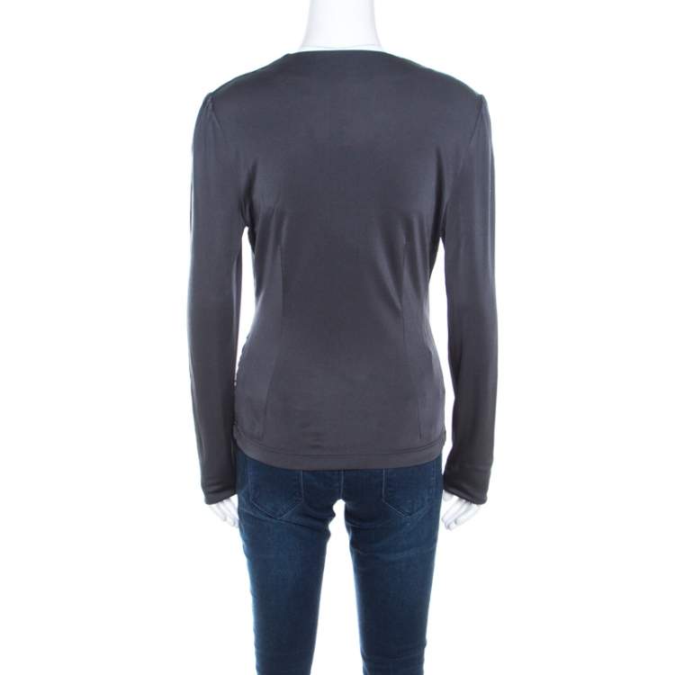 Pre Owned Escada Grey Silk Knit Ruched Crossover Front Long Sleeve Top M