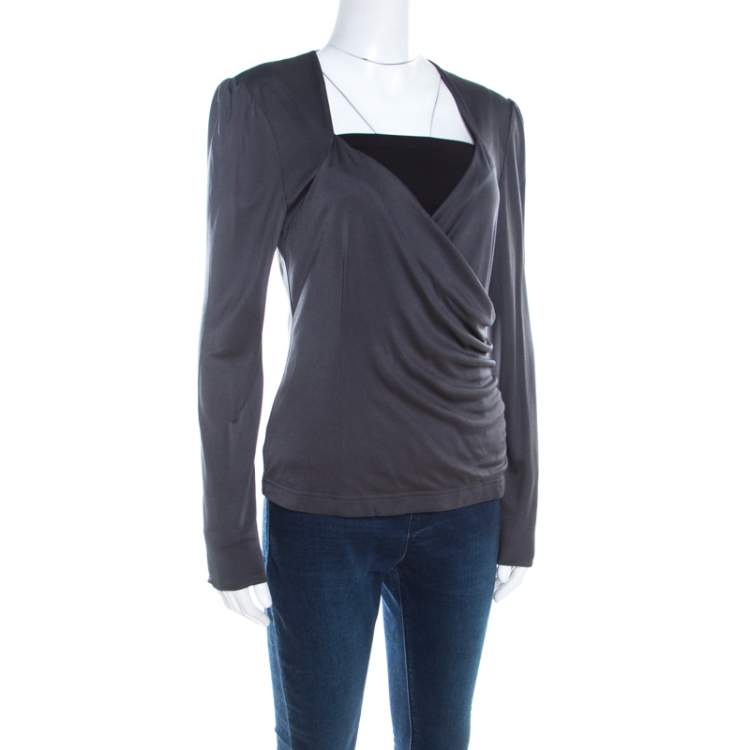 Pre Owned Escada Grey Silk Knit Ruched Crossover Front Long Sleeve Top M