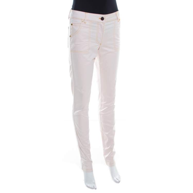 Pre Owned Escada Pale Beige Denim Contrast Topstitch Detail Tapered Jeans S
