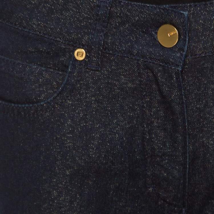 Pre Owned Escada Indigo Lurex Insert Denim Contrast Piping Detail Straight Leg Jeans M