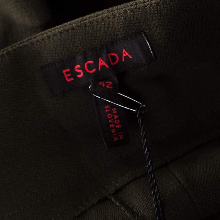 Pre Owned Escada Military Green Wool Crepe Satin Waist Tie Detail Wide Leg Pants L