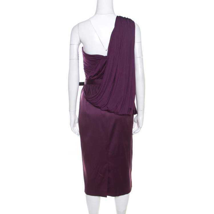 مملوكة مسبقًا Escada Aubergine Draped Bodice Detail Asymmetric Sleeve Corsagenkleid Sheath Dress M