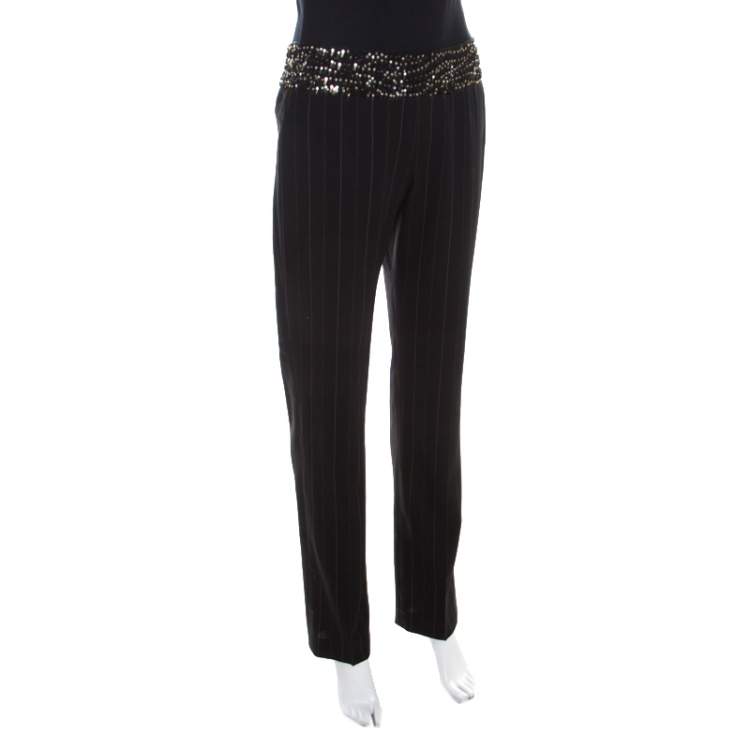 Pre Owned Escada Black Pinstriped Wool Embellished High Waist Detail Trousers S