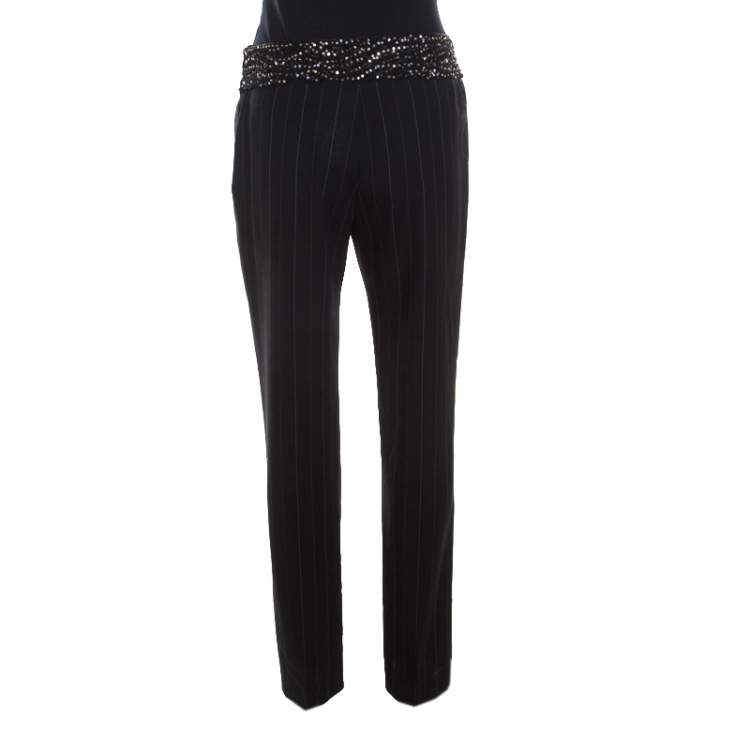 Pre Owned Escada Black Pinstriped Wool Embellished High Waist Detail Trousers S