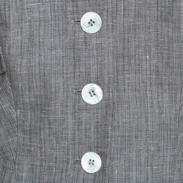 Pre Owned Escada Grey Herringbone Linen Wool Pleat Detail Button Front Blazer L