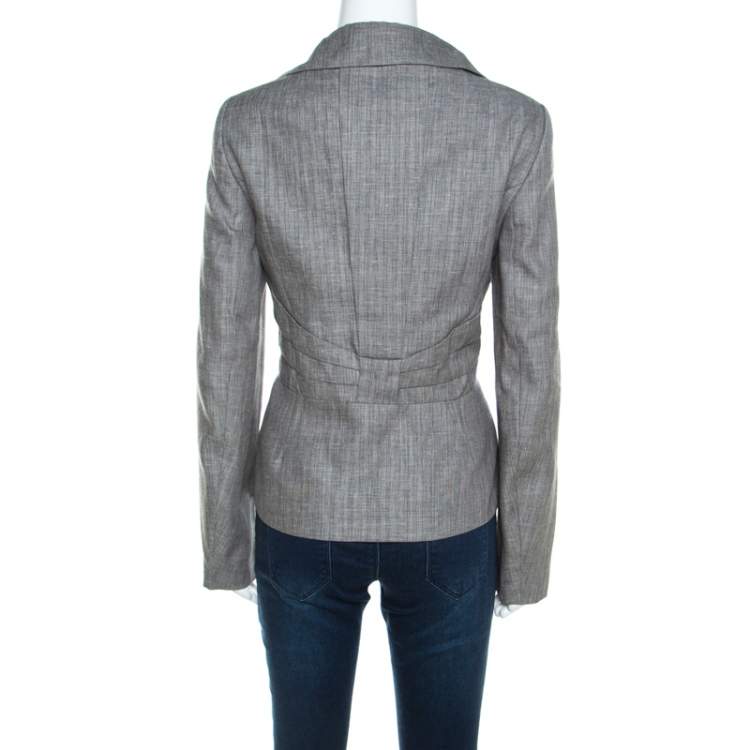 Pre Owned Escada Grey Herringbone Linen Wool Pleat Detail Button Front Blazer L