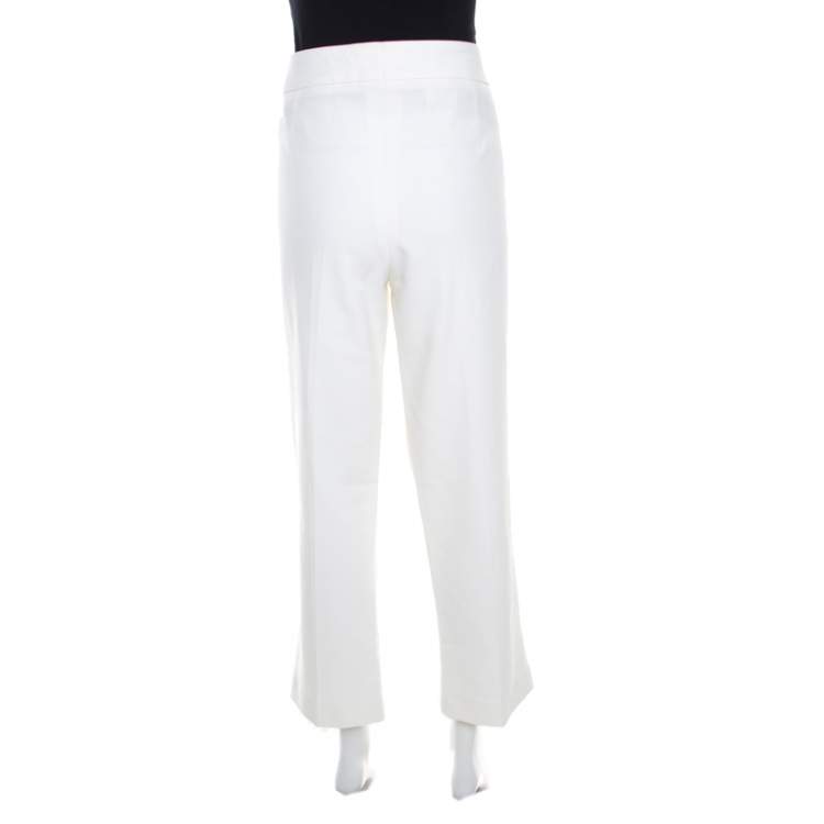 Pre Owned Escada White Stretch Cotton Embellished Waist Detail Cropped Tonikka Pants XL