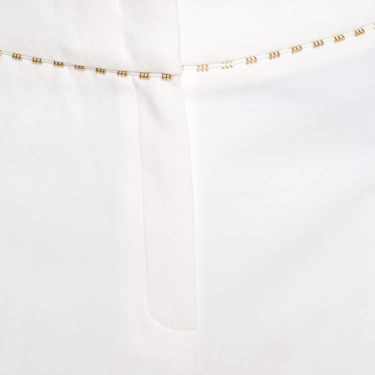 Pre Owned Escada White Stretch Cotton Embellished Waist Detail Cropped Tonikka Pants XL