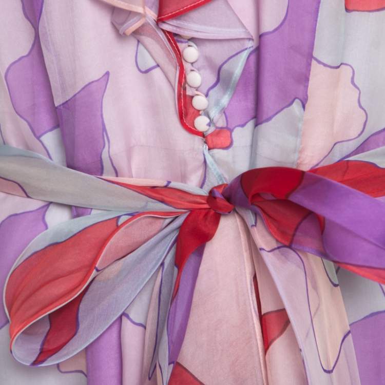 Pre Owned Escada Multicolor Abstract Print Silk Ruffled Sleeveless Dress L