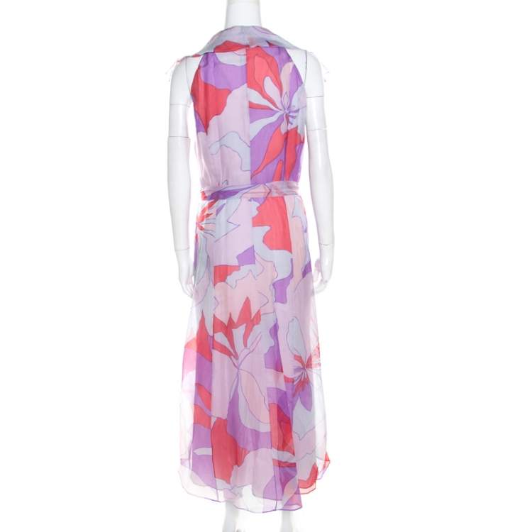 Pre Owned Escada Multicolor Abstract Print Silk Ruffled Sleeveless Dress L