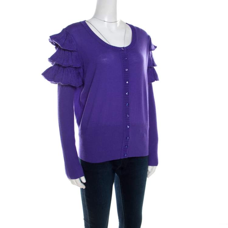 Pre Owned Escada Purple Mohair Wool Ruffle Tiered Detail Button Front Cardigan L