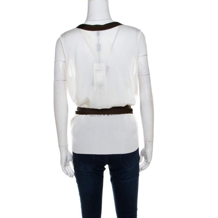 Pre Owned Escada Cream Knit Contrast Tie Up Trim Sleeveless Top L