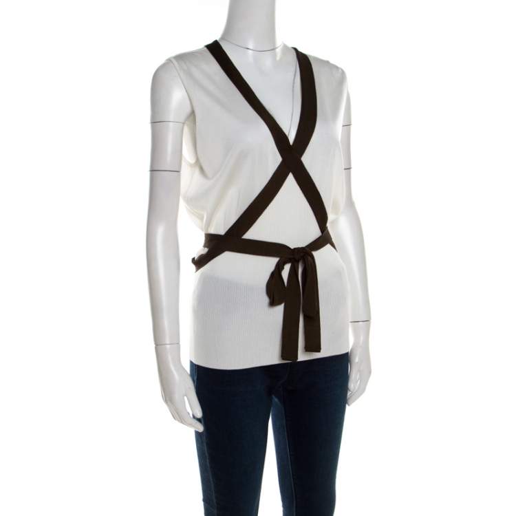 Pre Owned Escada Cream Knit Contrast Tie Up Trim Sleeveless Top L