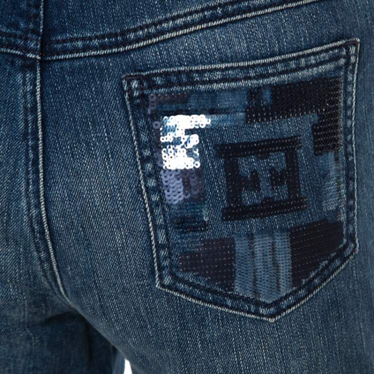 Pre Owned Escada Indigo Faded Effect Denim Sequined Back Pocket Detail Skinny Jeans S
