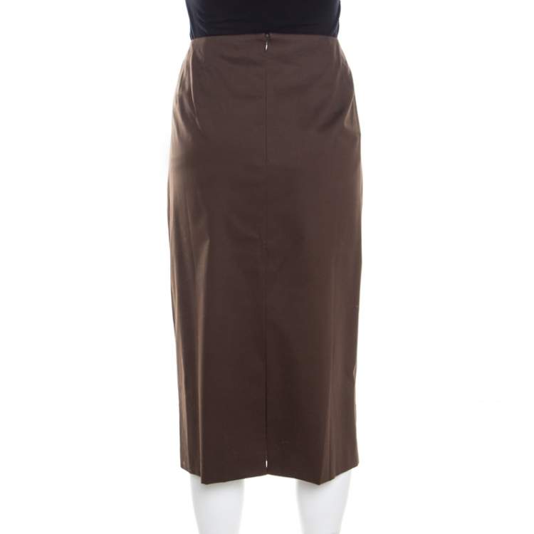 Pre Owned Escada Military Green Cotton Topstitch Detail Pencil Skirt XL