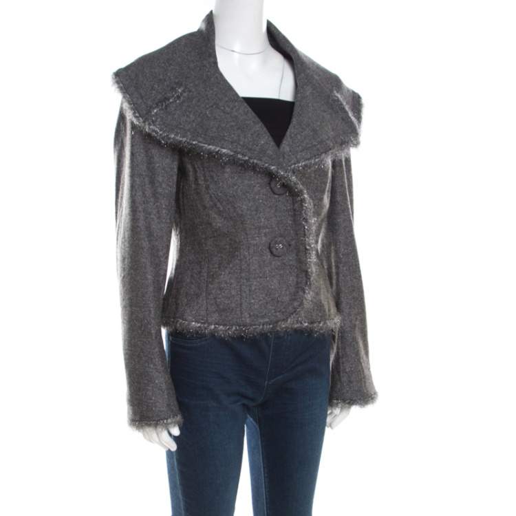 Pre Owned Escada Grey Wool Tinsel Trim Tailored Blazer M