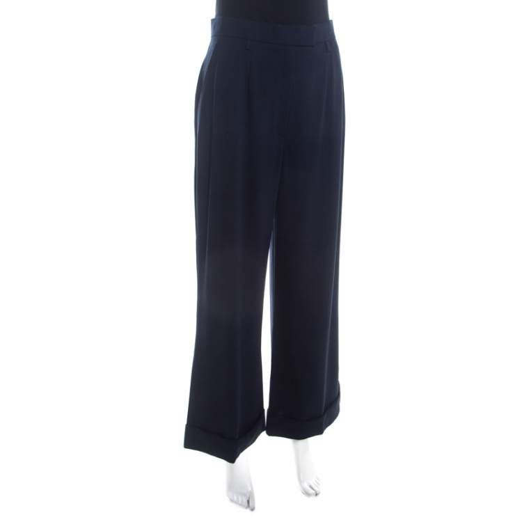 Pre Owned Escada Navy Blue Stretch Wool Crepe High Waist Wide Leg Trousers XL