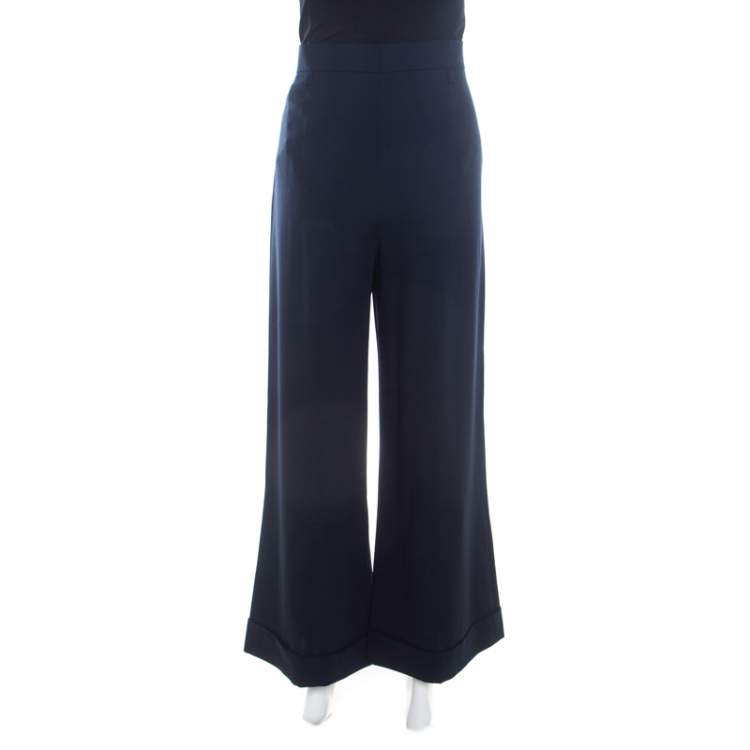Pre Owned Escada Navy Blue Stretch Wool Crepe High Waist Wide Leg Trousers XL