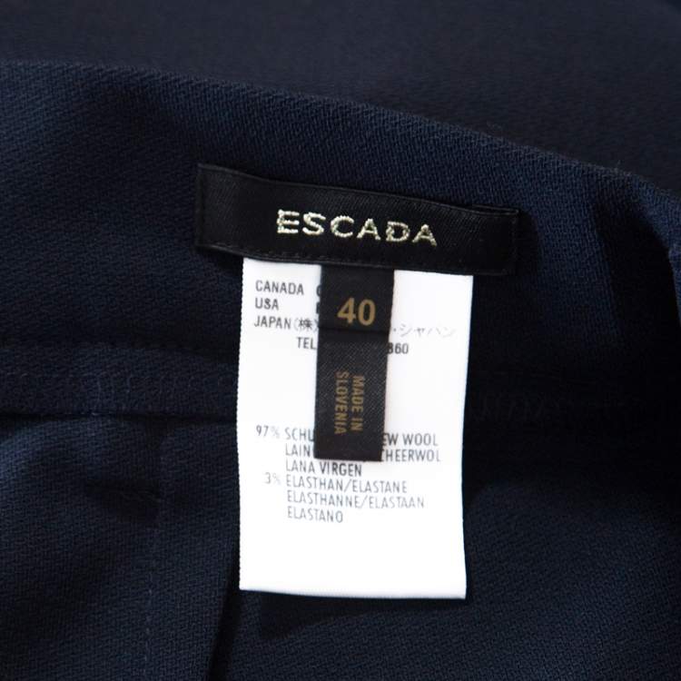 Pre Owned Escada Navy Blue Stretch Wool Crepe High Waist Wide Leg Trousers XL