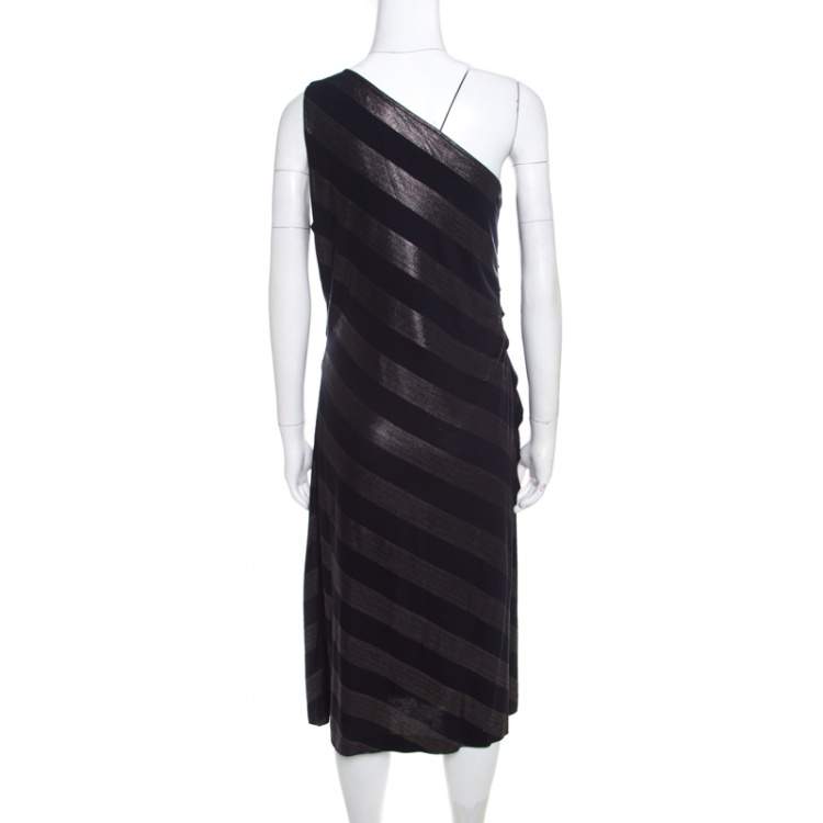 Pre Owned Escada Navy Blue Striped Foil Print Jersey Draped One Shoulder Eyline Dress L