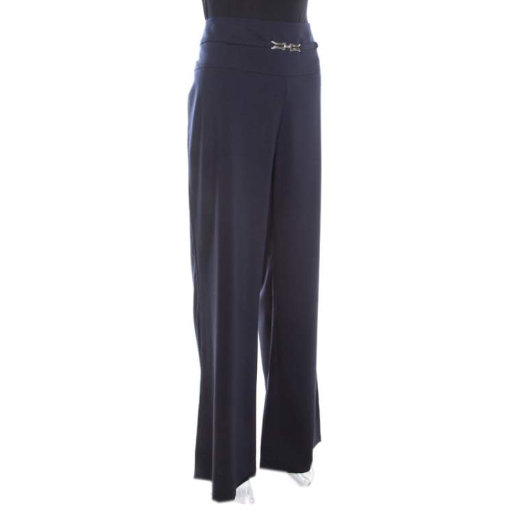 Pre Owned Escada Navy Blue Stretch Wool Crepe High Waist Wide Leg Trousers XL
