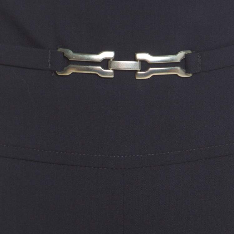 Pre Owned Escada Navy Blue Stretch Wool Crepe High Waist Wide Leg Trousers XL