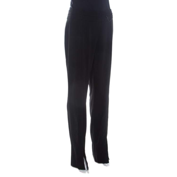 Pre Owned Escada Black Stretch Wool Crepe High Waist Slit Detail Trousers L